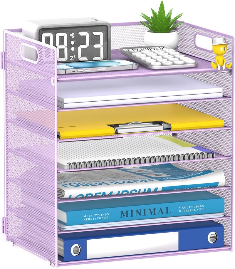 ReePlan 7 Tier Paper Organizer - Mesh Desktop File Holder with Handles for Office School Desk, Black (Purple) - Image 1